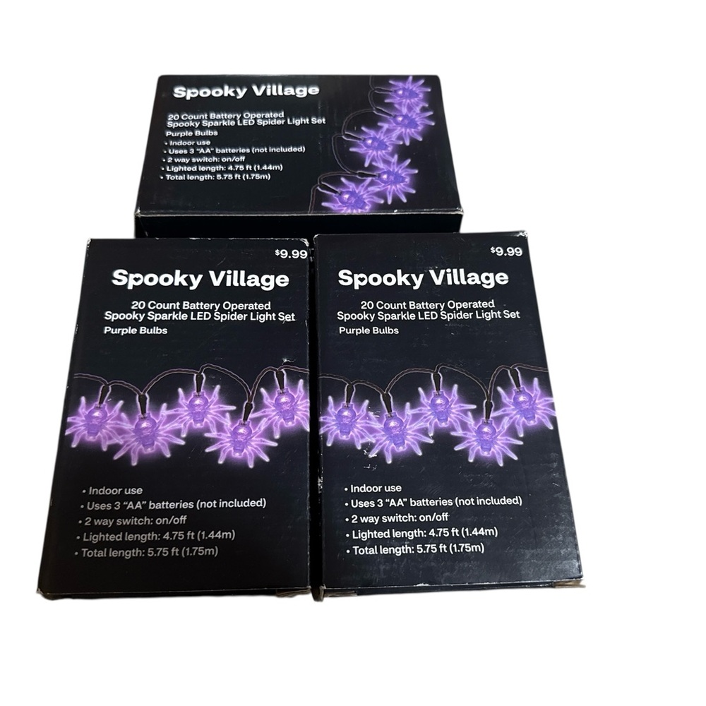 NIB 3 Pack Spooky Village 20 Count LED Spider String Light Battery Operated
